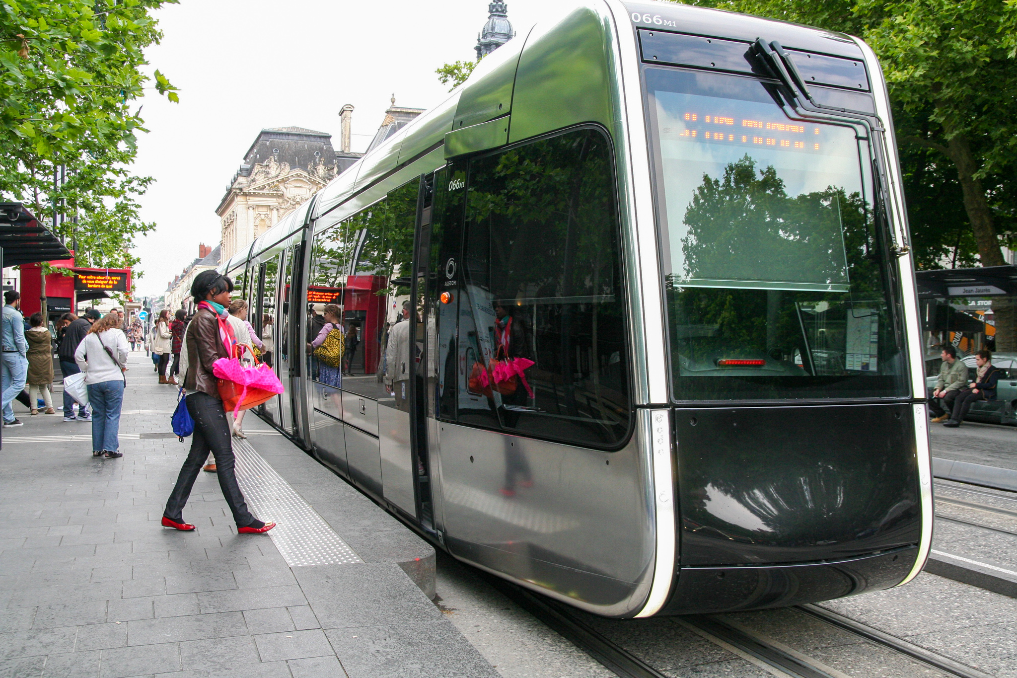 Tram at stop in Tours.